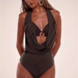 SHEIN Black Halter Swimsuit with Gold Accent